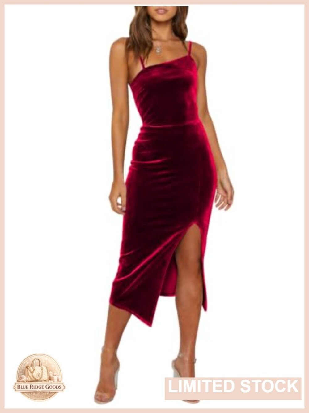 Velvet Bodycon Midi Dress Asymmetrical Side Slit Spaghetti Strap Wedding Guest